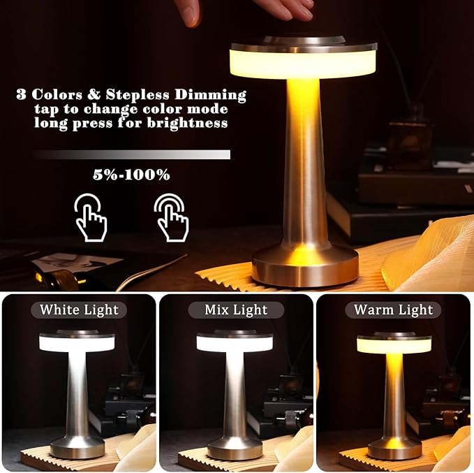VIHOSE 8 Pcs 8 Pcs Cordless Table Lamps LED Portable Rechargeable Table Lamp with Touch Sensor 3 Color Dimming up to 15 Hours Battery Desk Light for Restaurant Nursery Living Room (Silver)