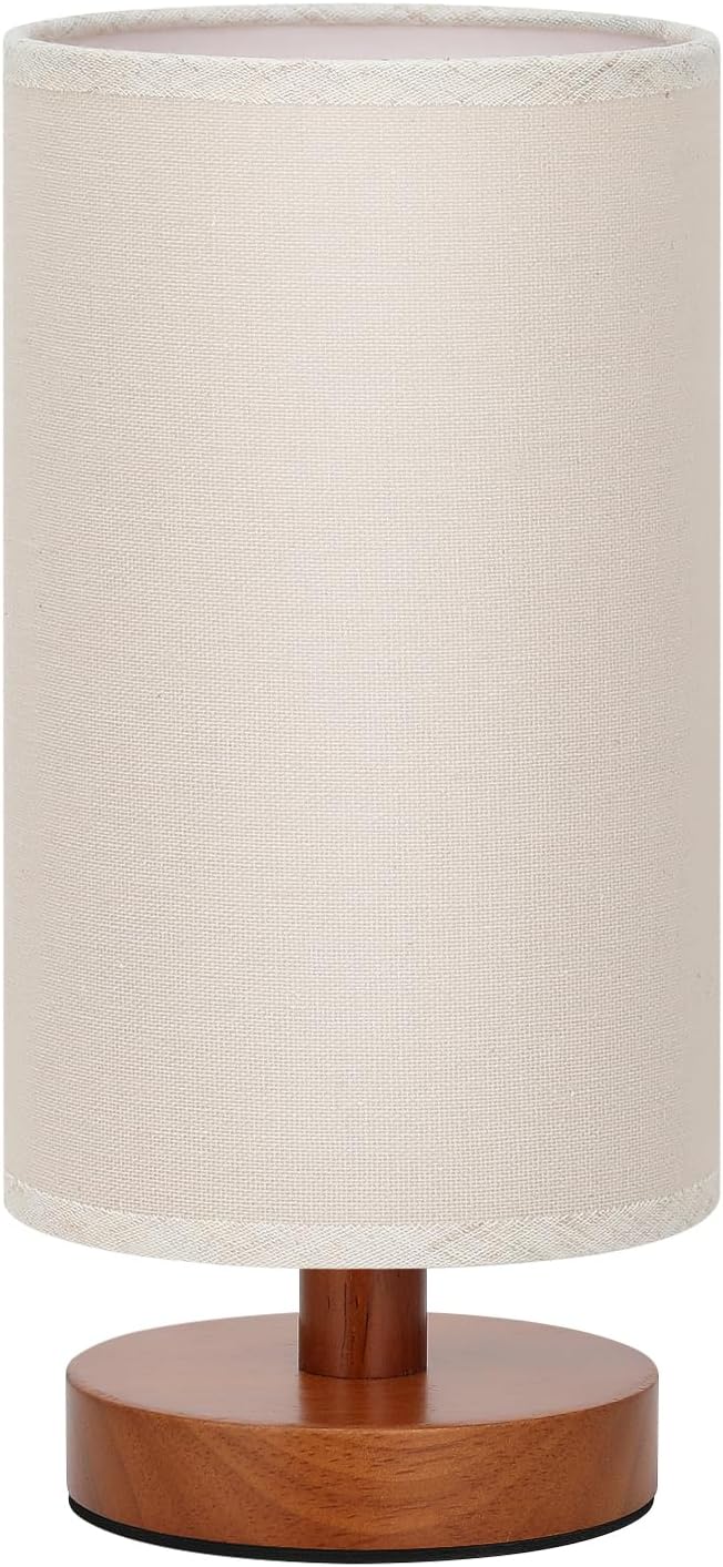 Small Table Lamp for Bedroom - Inline Control, Bedside Lamp with 3000K A15 LED Blub, Easy Assembly (Beige Shade - Walnut Base, 9" Inline Control)
