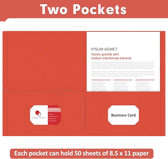 Two Pocket Folders, PANDRI 50 Pack 2 Pocket Folders, Letter Size Paper File Folder for School Office Home Business, Red
