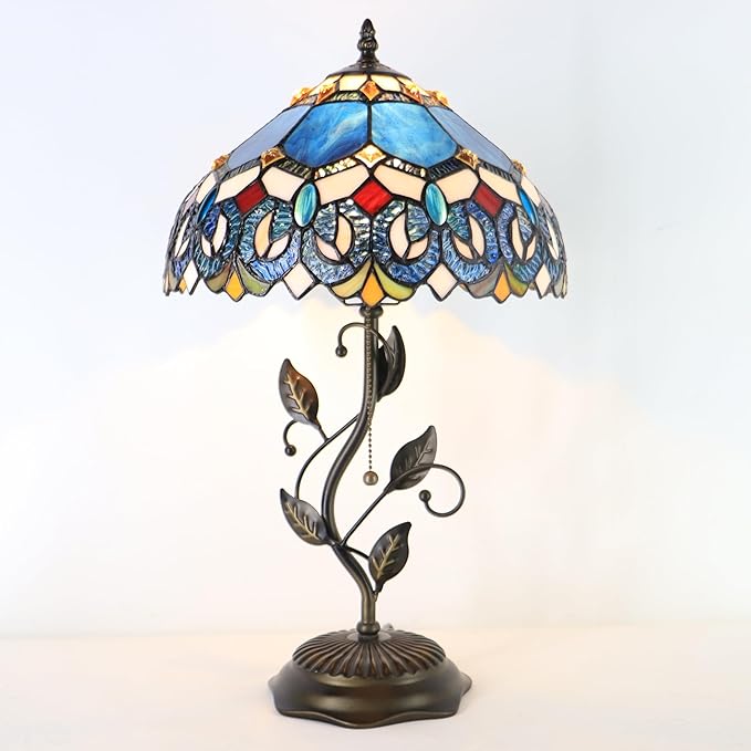 Tiffany Table Lamp, Stained Glass Style Desk Lamp, 12X12X19 Inch,Bedside Reading Light, Metal Leaf Base(Blue Baroque)