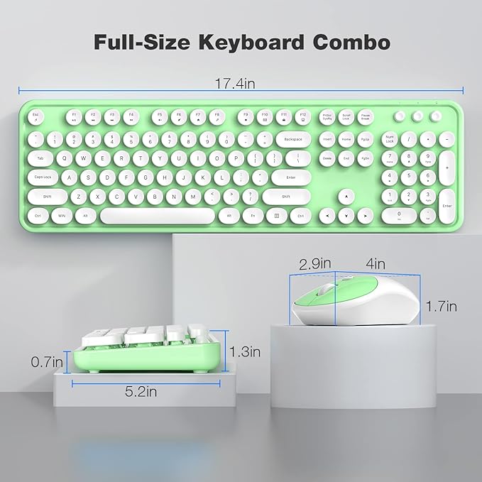 Wireless Keyboard and Mouse Combo - GEEZER Green-White Full-Sized Colorful Keyboard 104 Keys - USB 2.4 G Receiver Plug and Play with Round Keycap Typewriter Keyboards, for Windows, PC, Laptop, Desktop
