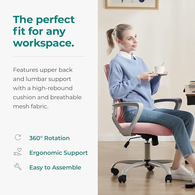 Office Chair, Computer Gaming Chair with Arms, Ergonomic Home Office Desk Chairs with Wheels, Mid-Back Task Rolling Chair with Lumbar Support, Comfy Mesh Swivel Executive Chair