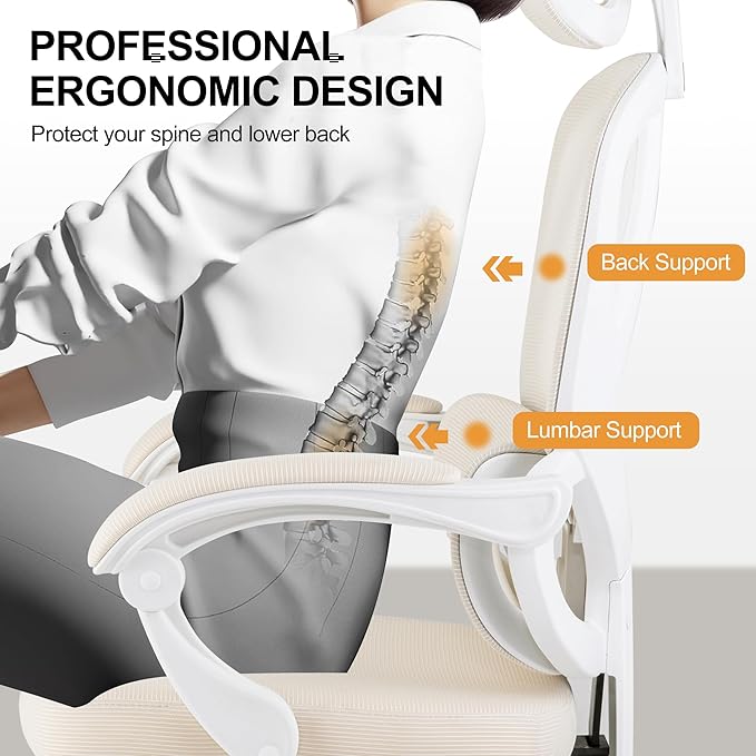 Ergonomic Office Chair with Footrest,90-135 Comfy Reclining Chairs,Home Office Desk Chair with Adjustable Lumbar Support & Headrest,Mesh High Back Computer Executive Chair (Beige)