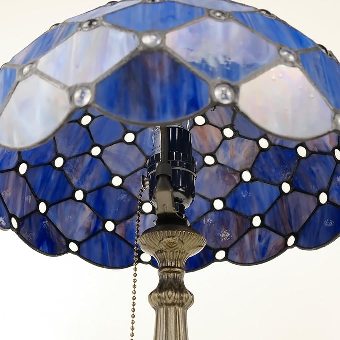 Tiffany Lamp Vintage Deep Blue Stained Glass Bead Table Lamp Desk Bedside Reading Light Decor Bedroom Living Room Home Office D12*H18 Inches