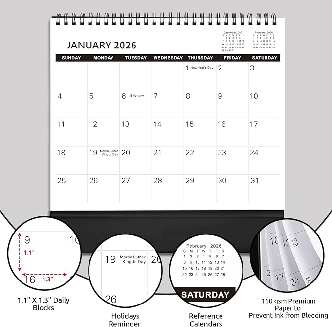 SKYDUE Desk Calendar 2025-2026, Jul 2025 to Dec 2026, 18 Months Small Desk Calendar with Planner Stickers, 10" x 8" Desktop Calendar Planner, Black