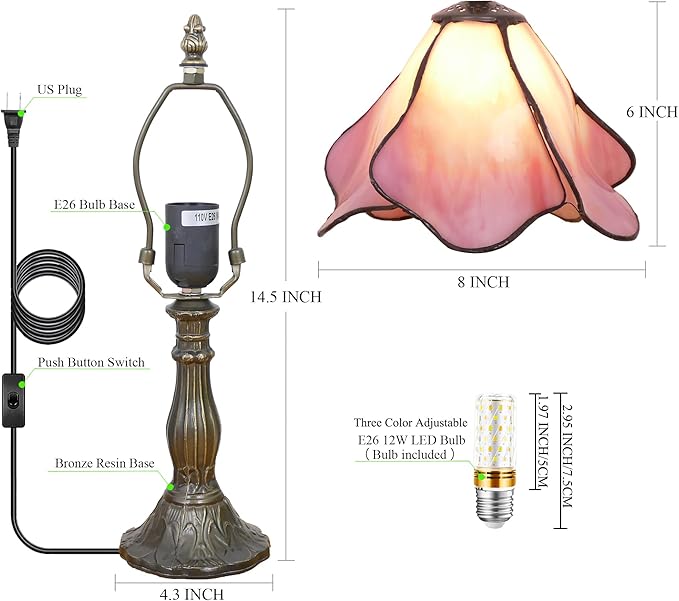 Small Tiffany Lamp Mini Stained Glass Table Lamp Bedside Accent Lamp Memory Sympathy 8X14.5 Inch (Pink)
