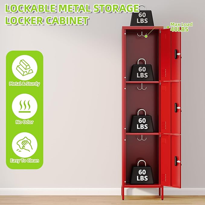 Metal Locker with Hooks and Ventilation Holes,Metal Storage Locker with Keys and Business Card Slof for Home,Gym,Garage,School,Office,66" H x 15.75" W x 15.75" D,Assembly Required,Red