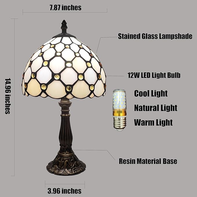 Small Tiffany Table Lamp 8 Inch Tiffany Style Desk Lamp Stained Glass Antique Light Bedroom Bedside Lamp Retro Reading Lamps (White Pearls Style)