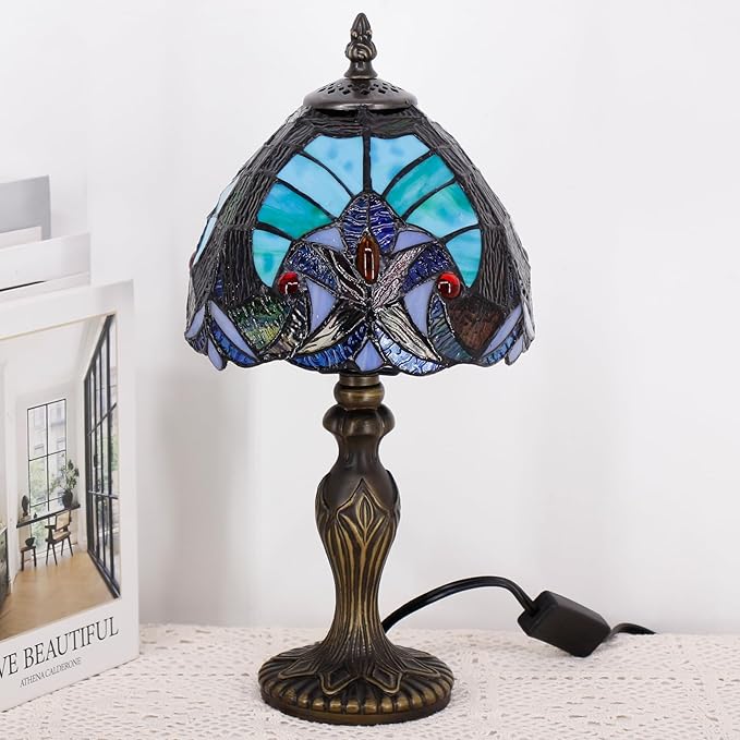 Small Tiffany Lamp Stained Glass Table Lamp Mini Desk Accent Light for Bedroom Bedside Reading Home Antique Style Decor 8X15 Inches (Green)