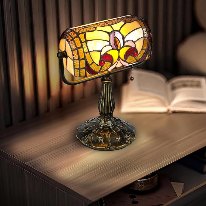 Tiffany Bankers Desk Lamp,Baroque Style Stained Glass Piano Light with LED Bulb, Vintage Tiffany Desk Lamp for Office, Study, or Timeless Home Décor.