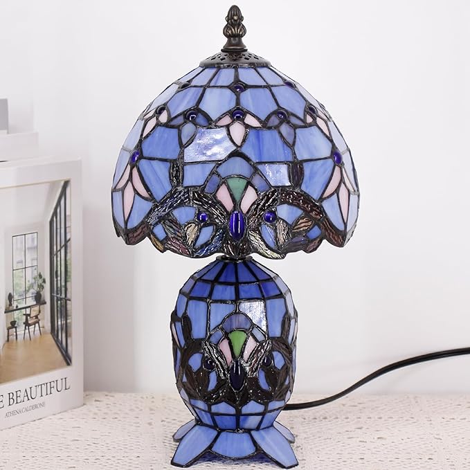 Small Tiffany Lamp Stained Glass Table Lamp Mini Mother Daughter Vase Desk Accent Light for Bedroom Bedside Reading Home Antique Style Decor 8X14 Inches (Blue Baroque)