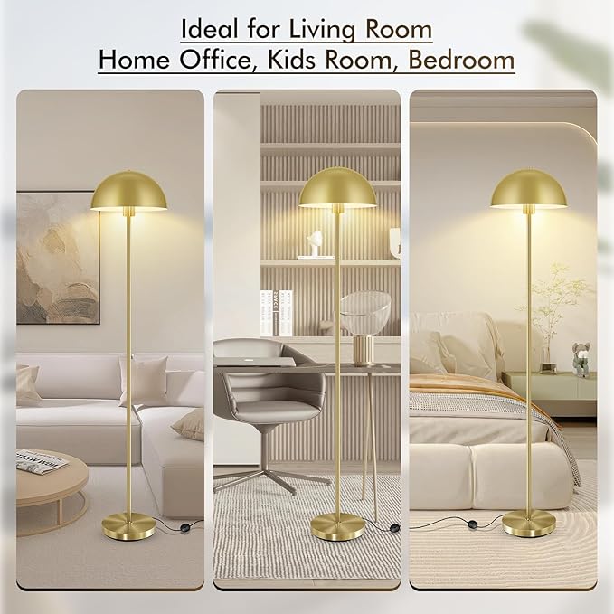 Gold Floor Lamp, 65.6in Floor Lamps for Living Room with Mushroom Dome Shade, Industrial Metal Standing Lamp, Mid Century Modern Floor Lamp for Bedroom/Office, E26 Socket, No Bulb