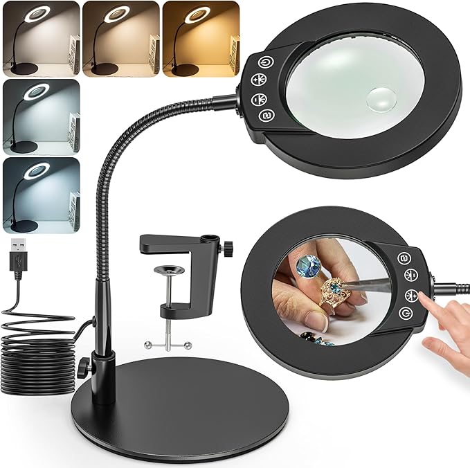 10X 15X Magnifying Glass with Light and Stand, 5 LED Color Modes Stepless Dimmable, Flexible Gooseneck Lighted Magnifying Glass with C-Clamp and Mental Base for Craft Close Work Sewing Reading