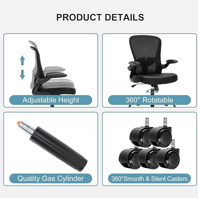 Office Chair, Ergonomic Desk Chair with Flip-up Armrests, PU Leather Computer Chair Home Office Desk Chairs with Lumbar Support, Mesh Swivel Executive Chair Rolling Task Chair, Black