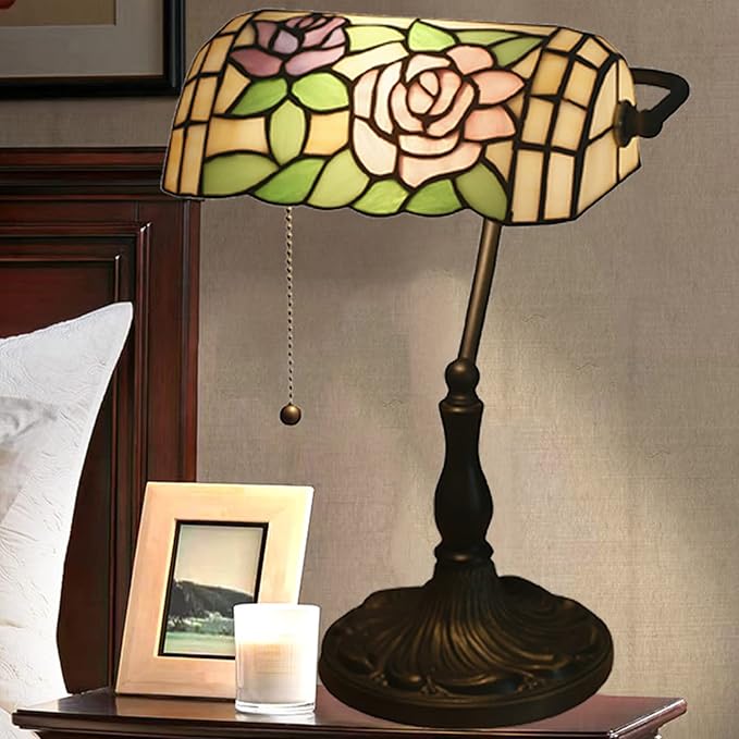 Tiffany Style Pink Rose Stained Glass Banker Desk Lamp, 10.62" W x 15.35" H, E26 Base, LED, 40W Max, Painted Alloy Base, Not Water Resistant