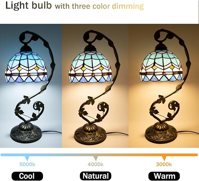 Tiffany Lamp,21x11x8inches Blue Stained Glass Lamp,Tiffany Style Table Lamp with Three-Color Dimming for Bedside Table,Dining Table,Antique Office