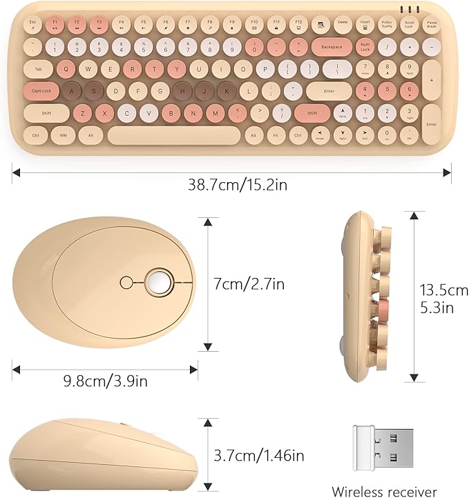Wireless Keyboard and Mouse Combo - GEEZER Pale Coffee Colorful Round Keycap Keyboard 100 Keys - USB 2.4G Receiver Plug Play Typewriter Keyboards for Windows, PC, Laptop, Desktop