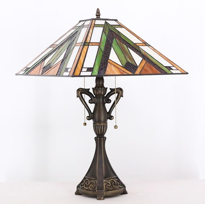 Tiffany Table Lamp Stained Glass Bronze Mission Style Desk Reading Light 16X16X24 Inch for Bedroom Living Room Home Office
