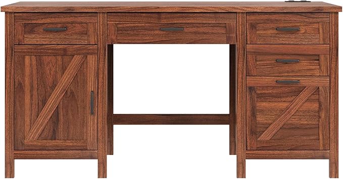 VOWNER Executive Desk with File Drawer, Farmhouse Office Desk with Charging Station, Computer Desk Workstation for Home Office, Walnut