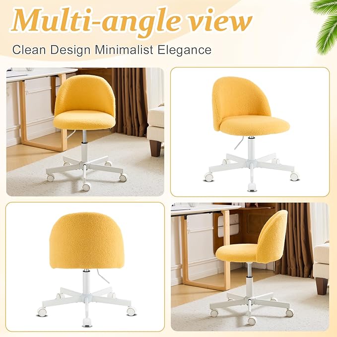 VINGLI Candy Chair Armless Cute Desk Chair,Comfy Small Office Chair with Wheels,Vanity Chair Lumbar Support,Teddy Adjustable Rolling Swivel Computer Task Chair for Home Office,Bedroom,Sunny Egg Yellow