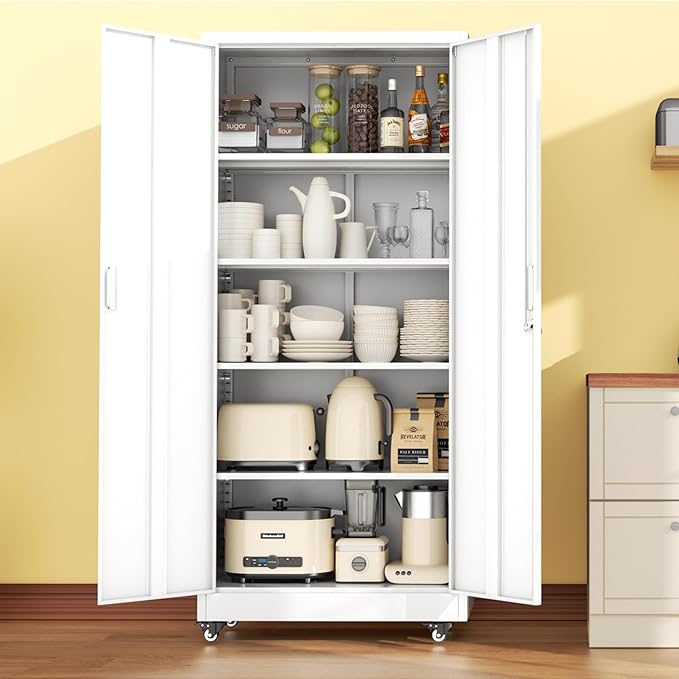 INTERGREAT Metal Storage Cabinet with Wheels, 73" H Rolling Metal Cabinets with Doors and Shelves,White Steel Lockable Cabinet on Wheels for Garage Storage