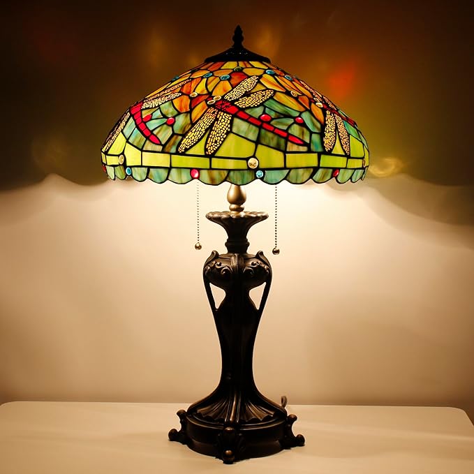 Tiffany Stained Glass Table Lamp 16X16X24 Inch Green Red Dragonfly Style Desk Bedroom Living Room Antique Reading Light (Green Red Dragonfly)