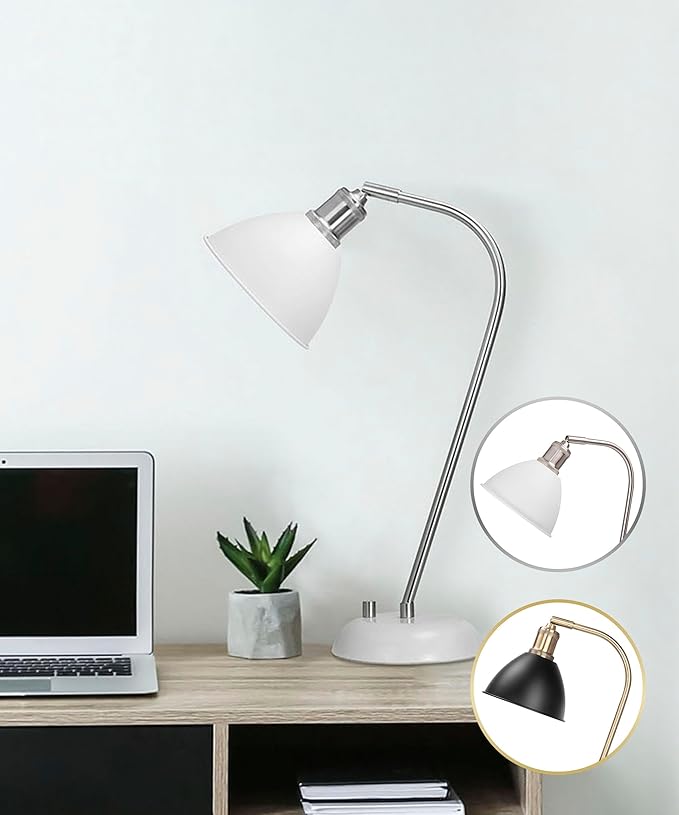 HarvestLand Halo White Desk Lamps – Adjustable Reading Lamp, Pharmacy Style Metal Desk Lamp, Industrial Table Lamp with Solid Base for Bedside Table, Home Office, White Table Lamp