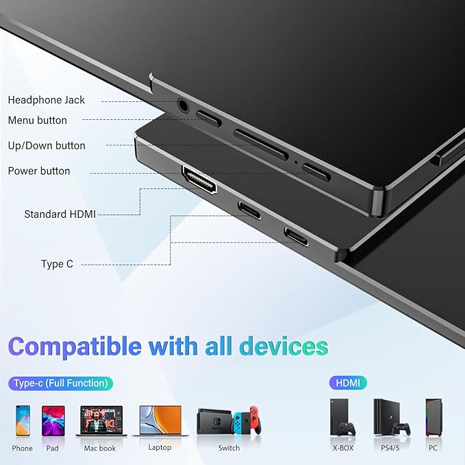 InnoView 15.6'' Portable Monitor for Laptop Built-in 90° Adjustable Stand Without Bag FHD 1080P USB-C Travel Monitors HDR IPS Portable Laptop Monitor for MacBook PC Xbox PS4/5 Switch
