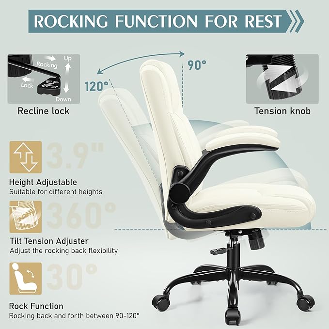 Leather Office Chair, PU Home Computer Desk Chairs with Ergonomic Back Support, 360° Swivel Free,Small Gmaing Chair with Wheels and Adjustable Armrests, for Short People Use, Cream