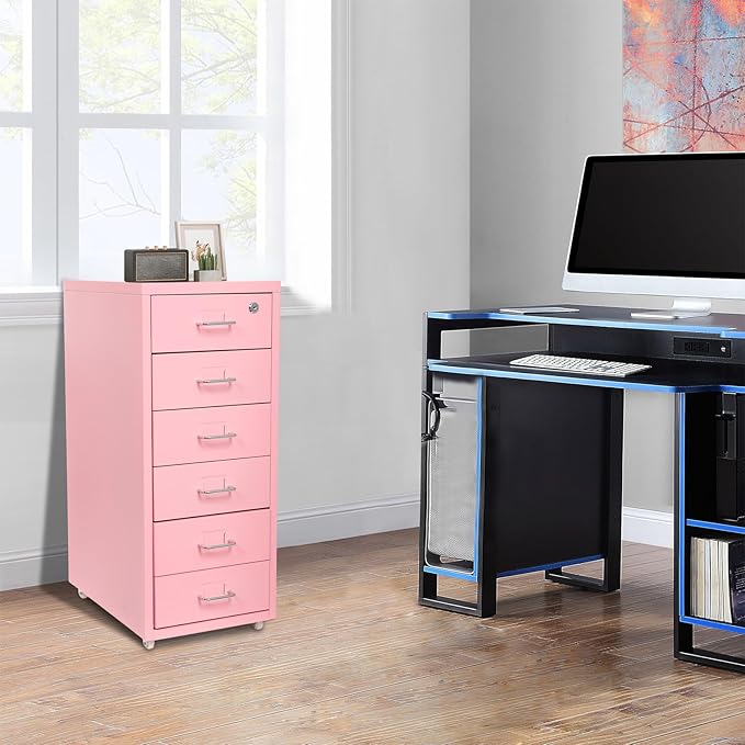 TFCFL Mobile File Cabinet 6 Drawer Vertical File Cabinet with Wheels Metal File Cabinet with Lock for Home Office, 11" D x 16" W x 27" H (Pink)