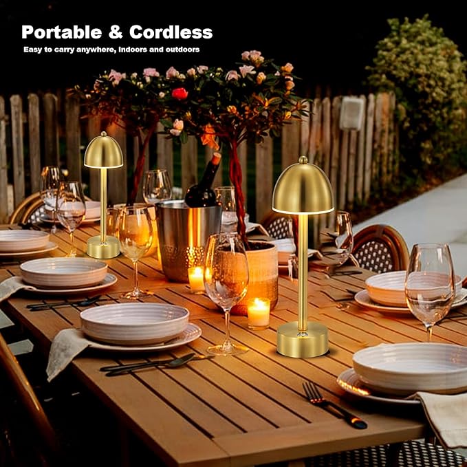 UMEXUS Small Cordless Lamp Mushroom, 5200mAh Rechargeable Battery Operated Lights for Restaurant Bar Table, Dimmable Touch Nightstand Lamp, Portable Table Lighting for Outdoor Patio, Modern Gold Brass