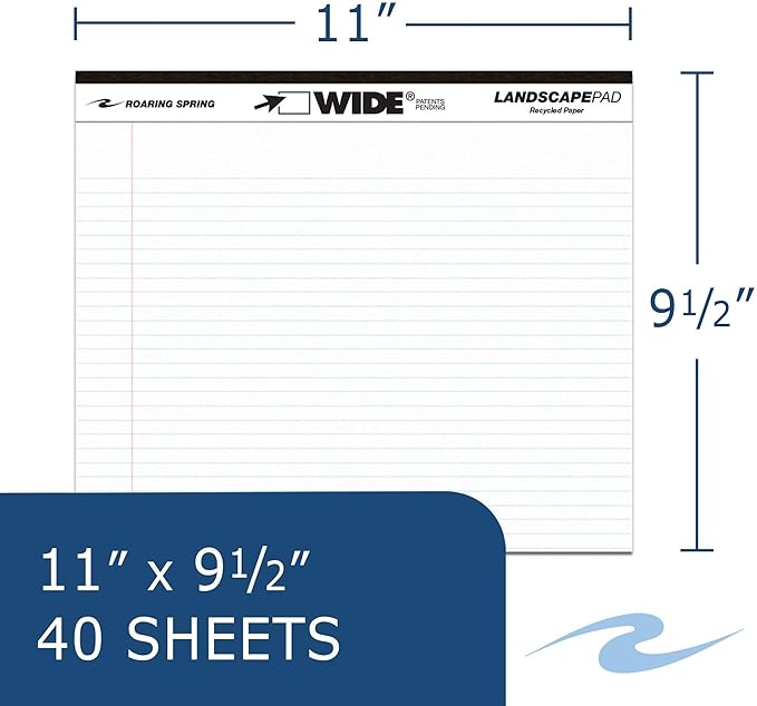 ROARING SPRING Wide Landscape Legal Pad, White, 48 Pads, 11" x 9.5", College-Ruled with Margin, 20 lb Recycled Paper, 40 Perforated Sheets, Made in USA