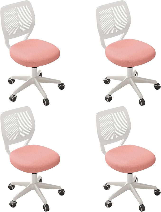 Armless Desk Chair, Height Adjustable Swivel Office Rolling Task Chairs with Soft Mesh Padded Cushion, Ergonomic Small Study Computer Chair for Girls Boys Teens (Pink, 4PCS)