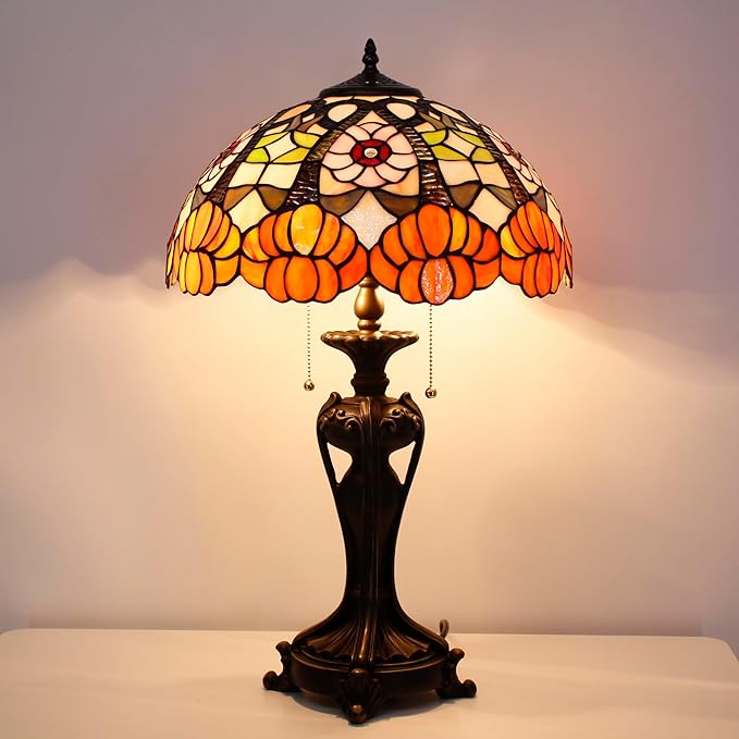 Tiffany Stained Glass Table lamp 16X16X24 Inch Orange Flower Style Desk Bedroom Living Room Antique Reading Light (Orange Flower)