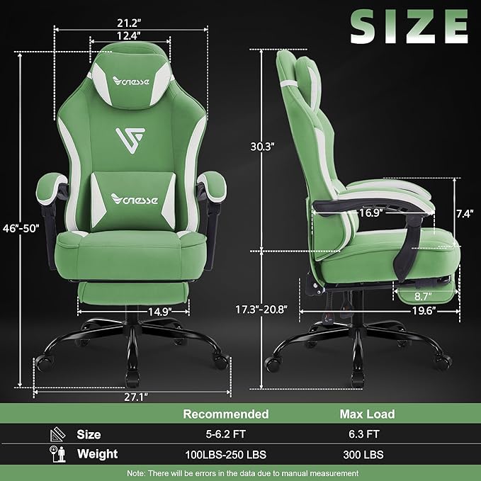 Vonesse Gaming Chair, Computer Chair Fabric with Pocket Spring Cushion, Office Chair with Footrest and Massage Lumbar Support, Reclining Gaming Chairs for Adults 250LBS (Green)