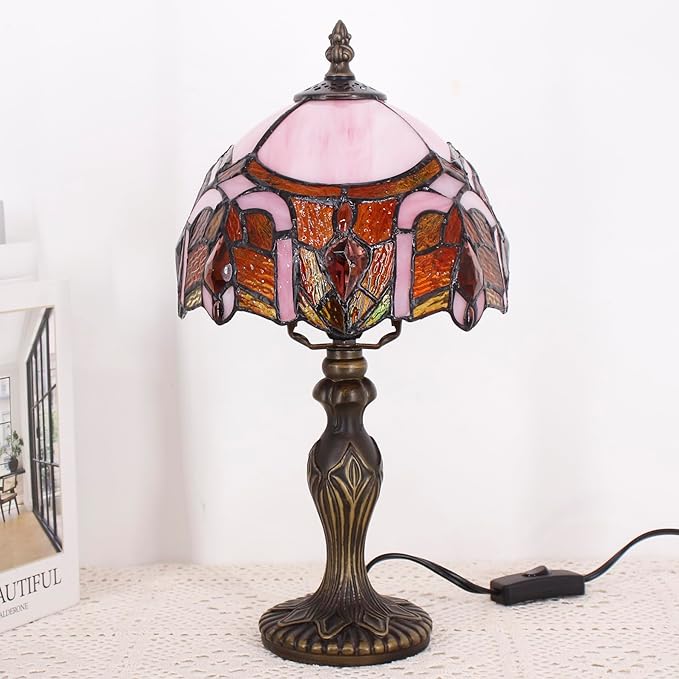 Small Tiffany Lamp Stained Glass Table Lamp Mini Desk Accent Light for Bedroom Bedside Reading Home Antique Style Decor 8X15 Inches (Pink Jewelry)