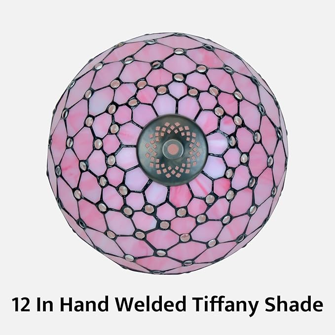 Tiffany Lamp Vintage Pink Stained Glass Bead Table Lamp Desk Bedside Reading Light Decor Bedroom Living Room Home Office D12*H18 Inches