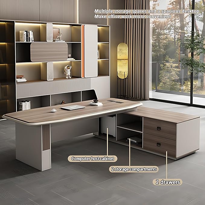 Modern Executive Desk - Solid Wood Office Desk with Hidden Electrical Hole & 2 Drawers, L Shaped Office Table with Desktop Power Supply (86.6IN)