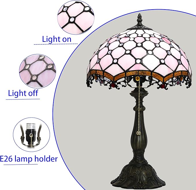 Tiffany Lamp Stained Glass Table Lamp Bedside Table Reading Lamp Living Room Night Light 12-inch Pink Pearl Style Suitable for Home and Office Desktops