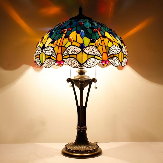 Tiffany Table Lamp Blue Yellow Stained Glass Desk Lamp 16X16X24 Inches Dragonfly Style Reading Light
