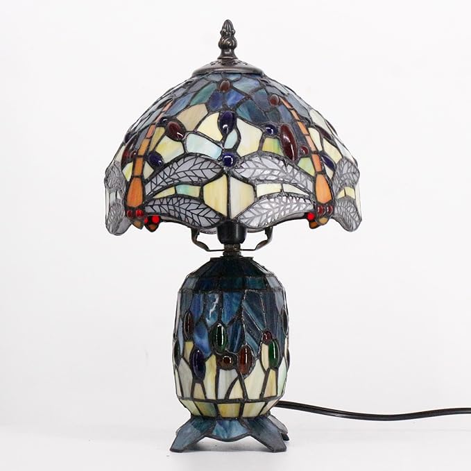 Small Tiffany Lamp Stained Glass Table Lamp Mini Mother Daughter Vase Desk Accent Night Light for Bedroom Bedside Reading Home Antique Style 8X14 Inches (Sea Blue Yellow)