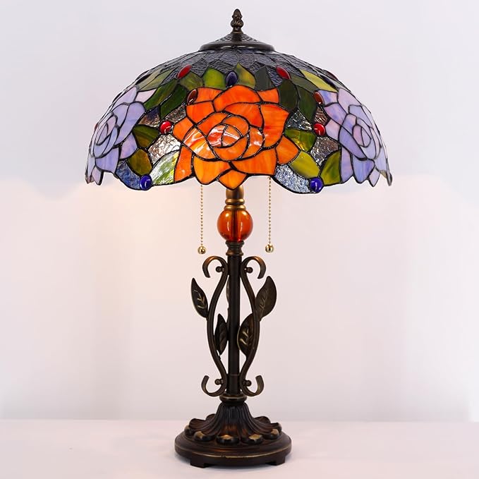 Tiffany Table Lamp Yellow Red Rose Flower Stained Glass Desk Reading Light 16X16X24 Inch Metal Leaf Base for Bedroom Living Room Home Office