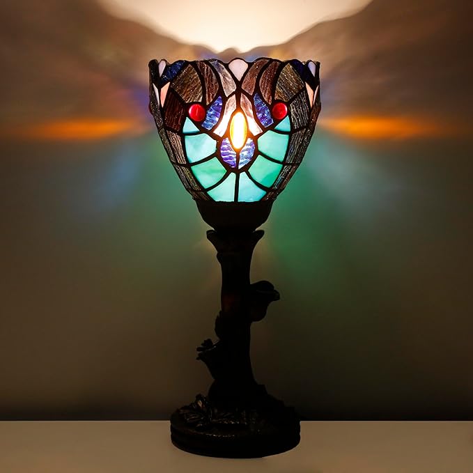 Small Tiffany Lamp Mini Stained Glass Table Lamp Green Liaison Accent Desk Uplight W6 H13.5 Inch Bronze Resin Base