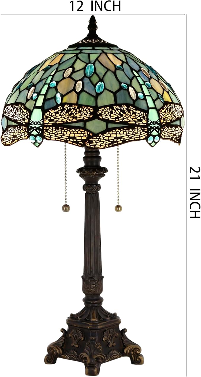 Tiffany Table Lamp Sea Blue Stained Glass Desk Lamp 12X12X21 Inches Dragonfly Style Reading Light