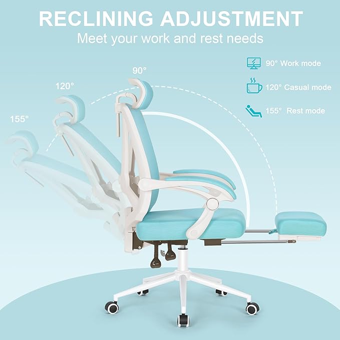 Misolant Ergonomic Office Chair with Footrest, Ergonomic Desk Chair with Adjustable 2D Lumbar Support, High Back Computer Chairs with Adjustable Headrest, Blue Comfortable Executive Office Chair