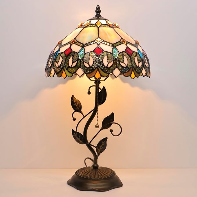 Tiffany Table Lamp, Stained Glass Style Desk Lamp, 12X12X19 Inch,Bedside Reading Light, Metal Leaf Base (Seven Color Baroque)
