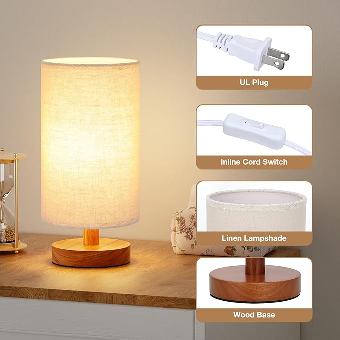 Small Table Lamp for Bedroom - Inline Control, Bedside Lamp with 3000K A15 LED Blub, Easy Assembly (Beige Shade - Walnut Base, 9" Inline Control)