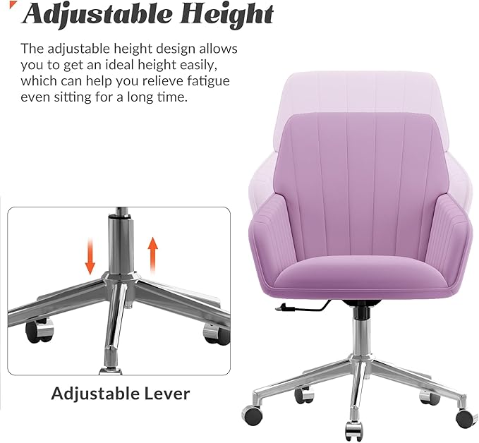 YISHENG Velvet Office Desk Chair with Silver Base, with Wheels,Modern Height Adjustable 360 Degree Swivel Upholstered Vanity Chairs with Arms for Living Room Bedroom,Light Purple