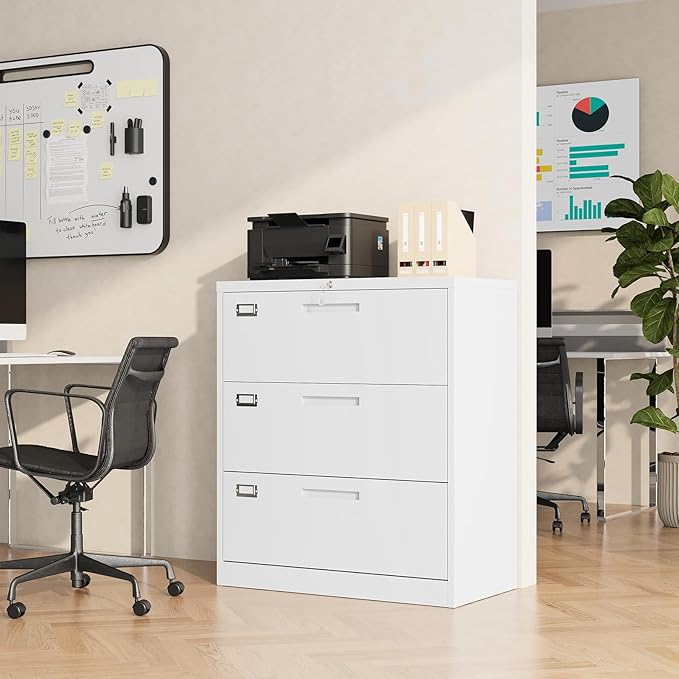 Lateral File Cabinet, Metal Filing Cabinet with Lock, 3 Drawer File Cabinets for Home Office, Office Cabinet for Hanging Files Letter/Legal/F4/A4, Assembly Required, White