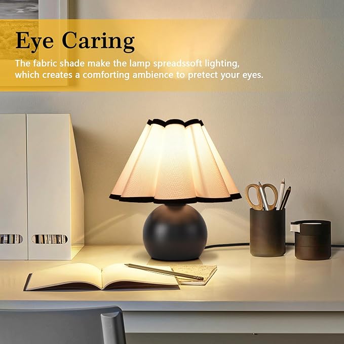 Matte Black Small Touch Control Table Lamp for Bedroom,Black Bedside Lamps for Nightstand,Cute Mini Small Table Lamps for Small Spaces with Scalloped Shade for Kitchen Counter,Bookshelf,Living Room